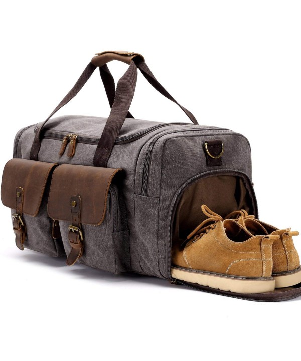 Weekend Duffle Bag Canvas Overnight Bag Leather Travel Duffel with Shoe Compartment Carry on Gym ...