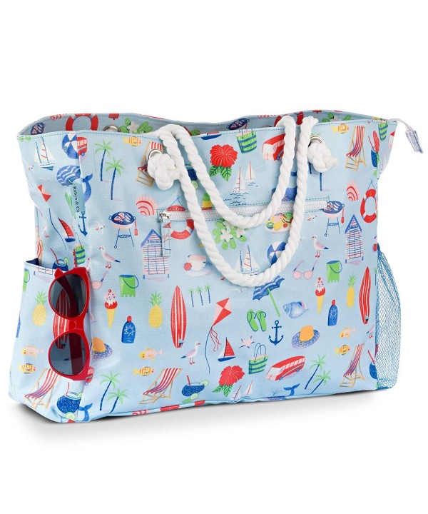 Large Beach Bag- Waterproof Canvas Beach Tote with Zipper Top- 6 Pockets- 18&quot;x 14.5&quot;x 6 ...